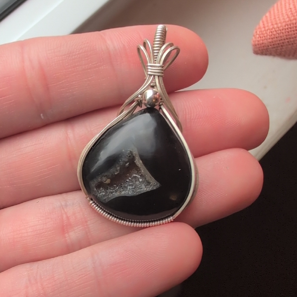 Silver Wrapped Black Druzy Agate Pendant